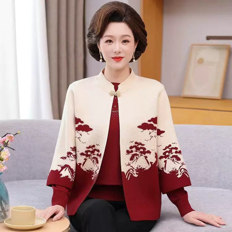 秋冬妈妈毛衣国风新中式女士针织衫中老年女士上衣套装婆婆衣服