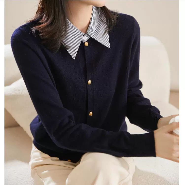 Женский вязаный кардиган в стиле преппи в полоску в стиле пэчворк, имитирующий двухслойный дизайн, для осени и зимы MLZYB25576