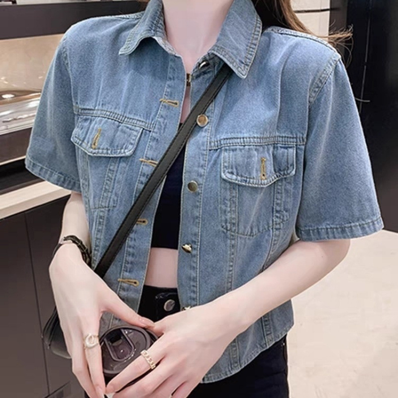 牛仔短袖衬衫女夏装2024夏季新款设计感小众港风翻领短款上衣外套