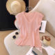 French Style V-Neck Striped Short-Sleeved T-Shirt Women's Summer Thin Design Sense Pearl Slim-Fit Flying Sleeve Ice Silk Knitted Top
