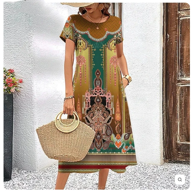 2024 новый стиль летняя женская одежда с короткими рукавами платье с нерегулярным принтом длинное платье 3d ретро женская одежда свободный круглый воротник