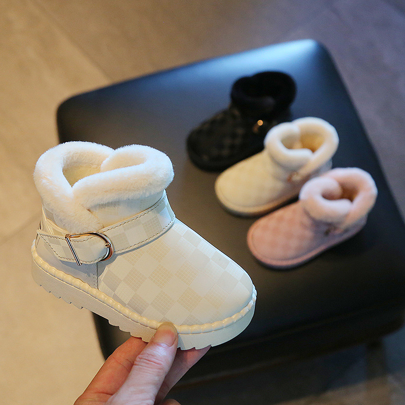 Botas de algodón a cuadros para niñas, versátiles, a la moda, botas de nieve impermeables de PU para invierno, felpa para niños_voghion.com