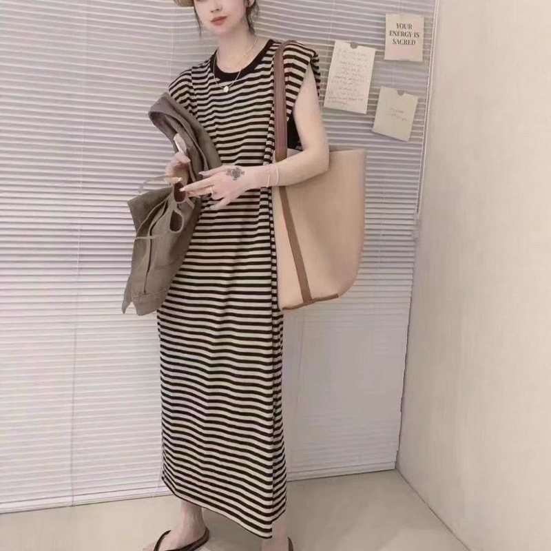 Design Sense Sleeveless Striped dress Women's 2025 Summer Long Lazy T-Shirt Skirt Vest Skirt Casual Long Dress