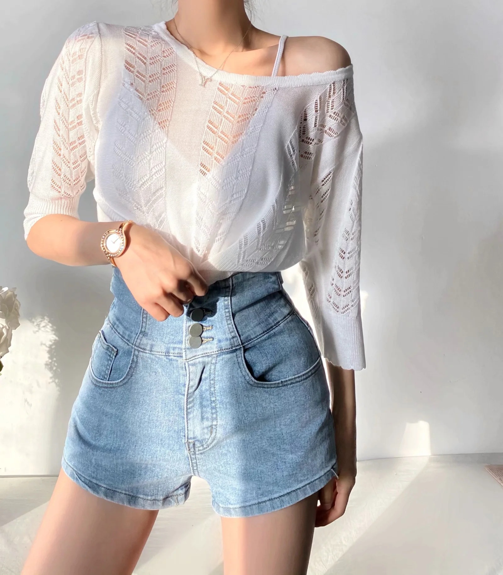 fashion hollow knit short-sleeved T-shirt  NSAC37236