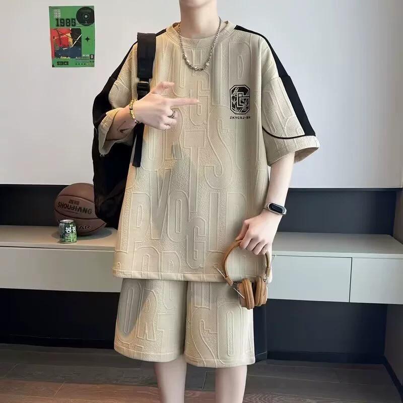 Новый летний мужской костюм, модный и красивый, полный комплект со свободными спортивными и повседневными шортами с короткими рукавами, мужской комплект из двух предметов.