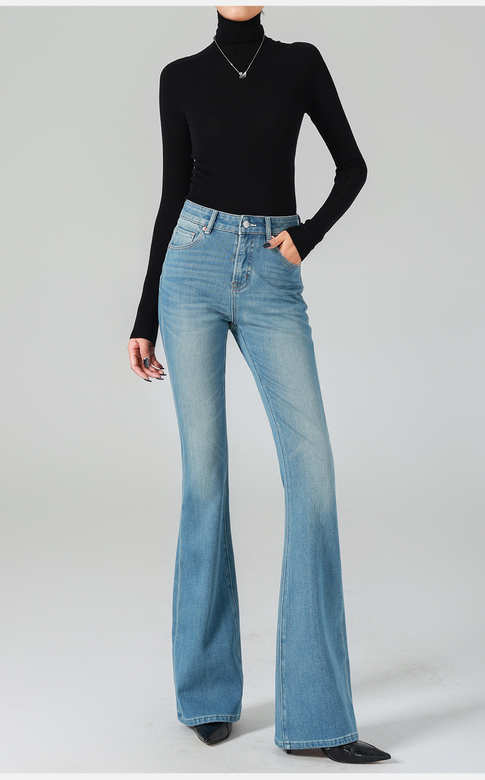Retro High Waist Micro-horn Jeans Women's Jeans Versatile Four-season Color Four-sided Elastic Tight Body Hip Lift_ecoleips.com