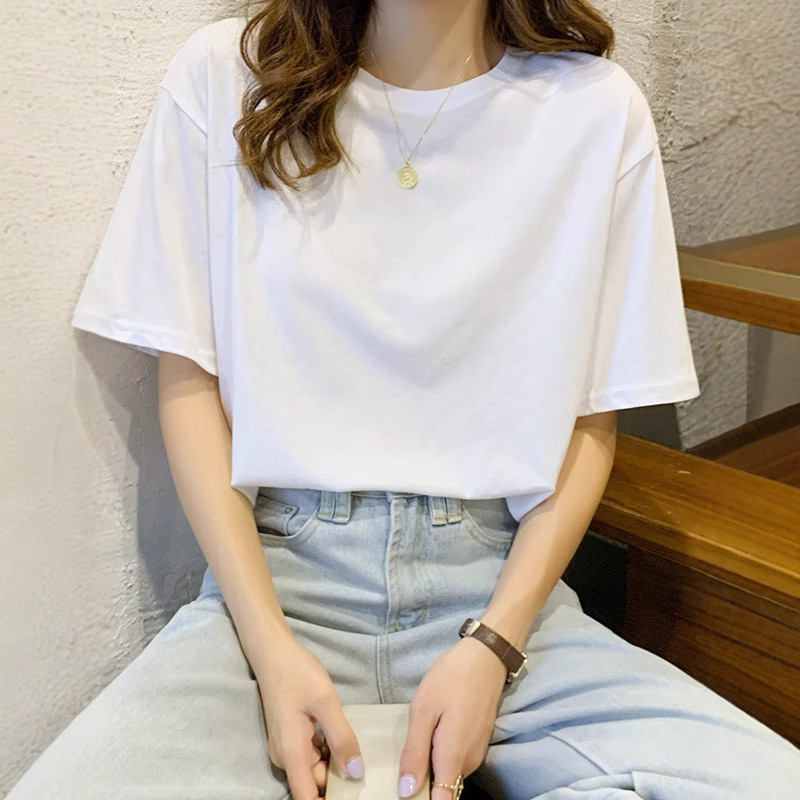 Summer Trendy Loose Cotton Short-sleeved T-shirt Women's New White Top Round Neck Casual Elegant Bottoming Summer Trendy Loose Cotton Short-sleeved T-shirt Women's New White Top Round Neck Casual Elegant Bottoming