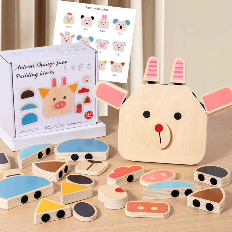 Creativo animal de madera para niños, velcro, cambio de cara, rompecabezas, juguetes, educación temprana para bebés, rompecabezas de bloques de construcción de inteligencia cognitiva y beneficiosa