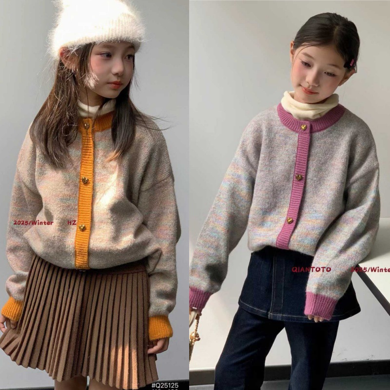 韩系儿童针织毛衣2025新款冬季彩纱圆领软糯女大童假两件毛衣童装