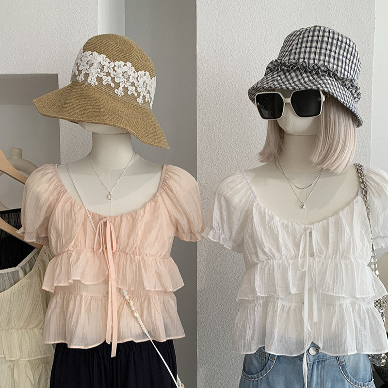 Kekezoon Ruffled Lace-Up Short Shirt for Women, Summer Chic Puff Short-Sleeved Pullover Top Trendy 7305