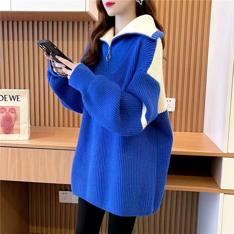 韩版撞色半拉链高领毛衣女套头2025秋冬新款休闲宽松外穿针织衫女