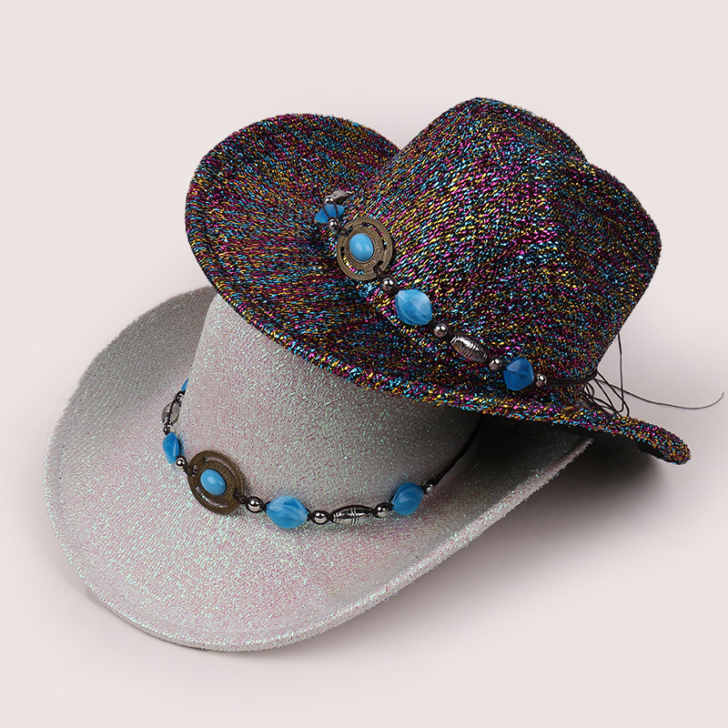 Vento vaquero occidental primavera y verano nicho personalidad de seda brillante sombrero vaquero de poliéster fiesta al aire libre escenario cos jazz