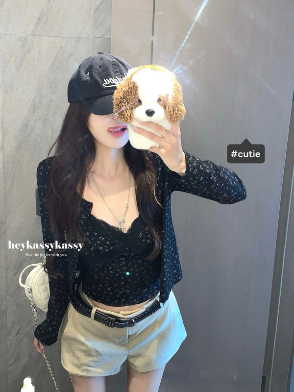 设计感辣妹套装碎花长袖开衫外套女早秋内搭花边吊带背心两件套潮|undefined