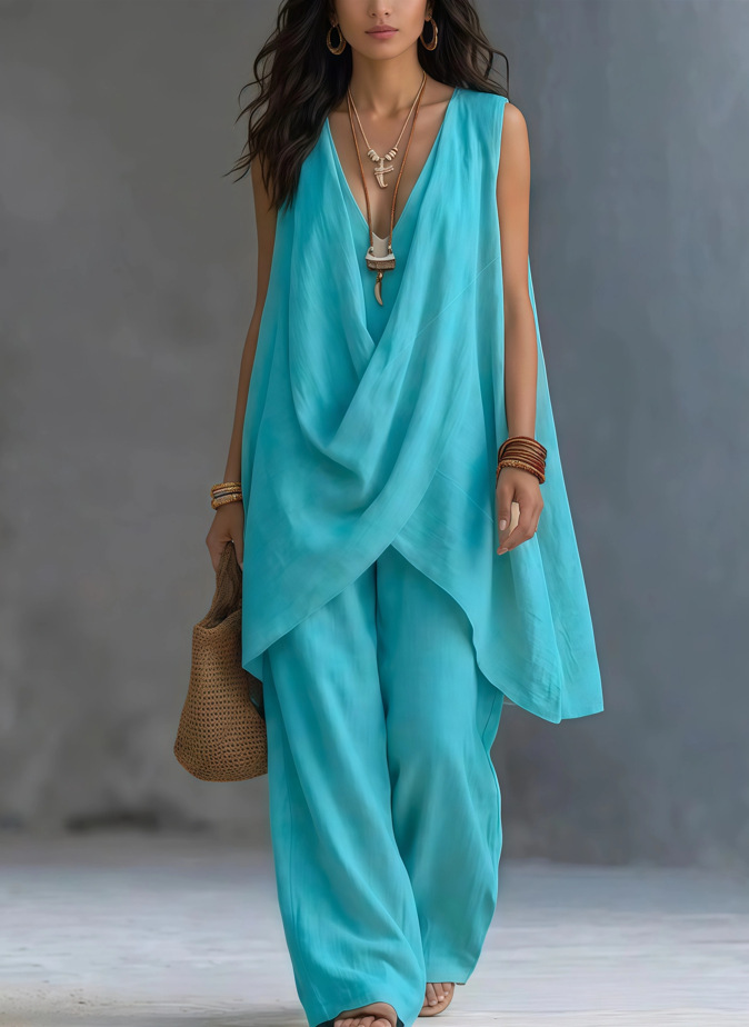 Women's Sleeveless Stand Collar Solid Color Cotton Linen Suit Elegant Loose Resort Style Spring Summer_ecoleips.com