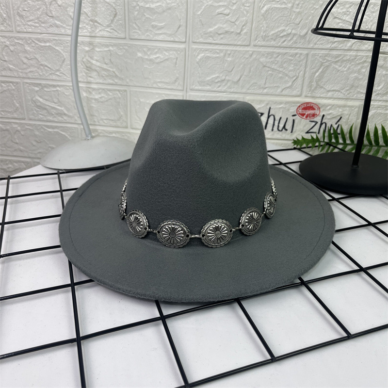 Sombrero de lana europeo y americano sombrero de fieltro de estilo británico decoración de cadena ovalada AliExpress sombrero de jazz borde plano sombrero superior para hombres