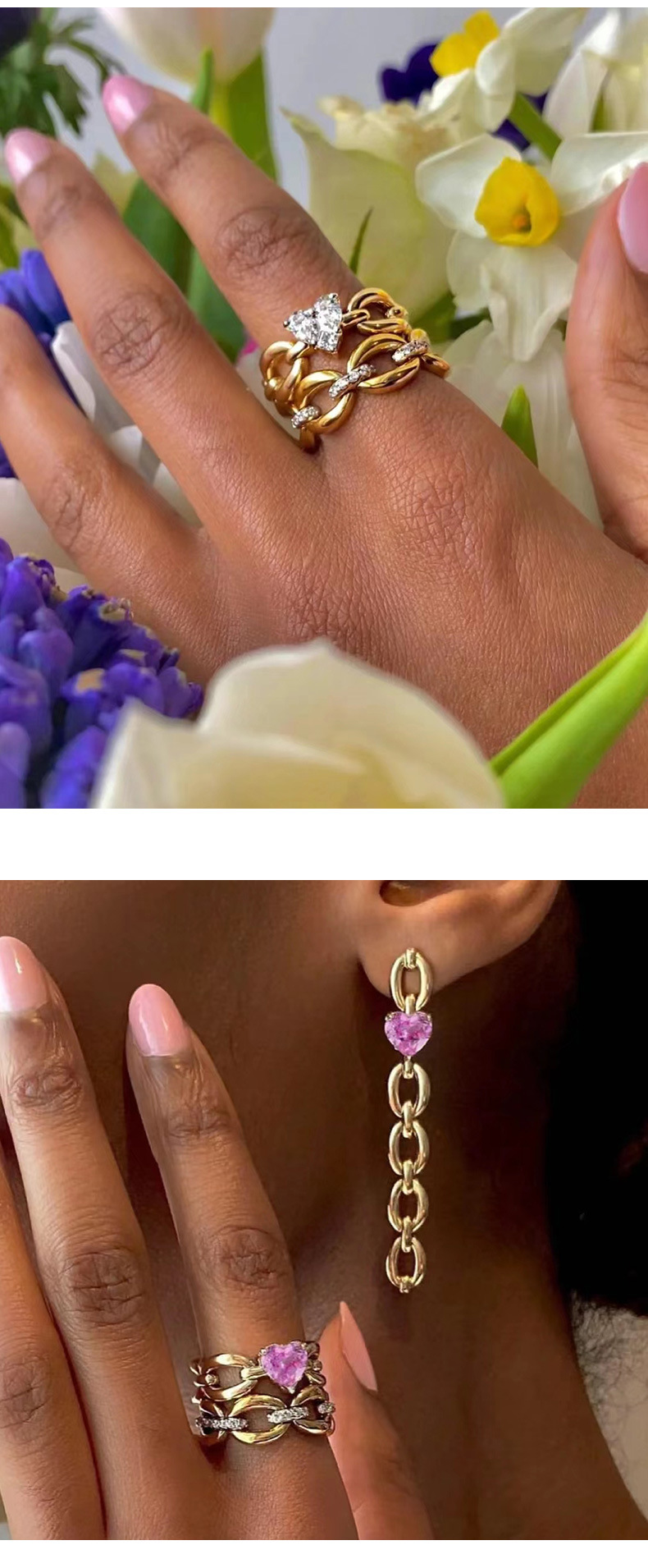 Fashion Heart Shape Copper Inlay Zircon Open Ring