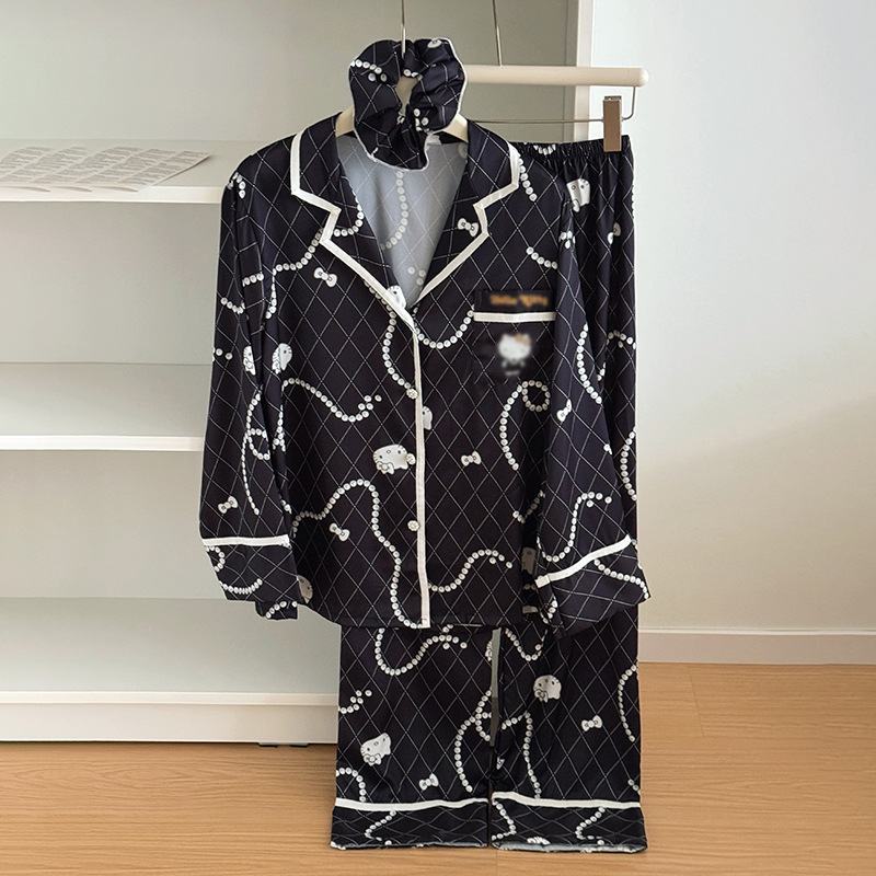 2026 New Black Cute Ice Silk Pajamas for Women, Summer Cool Ice Silk Breathable Homewear Set with Hair Tie