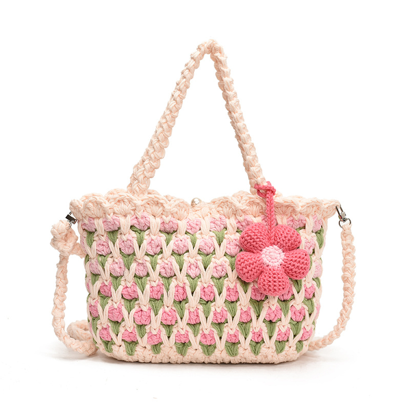 Nuevo paquete infantil transfronterizo ganchillo hecho a mano flores dulces bolsas de hombro para hombres y mujeres viajes de vacaciones bolsas de cestas de verduras portátiles
