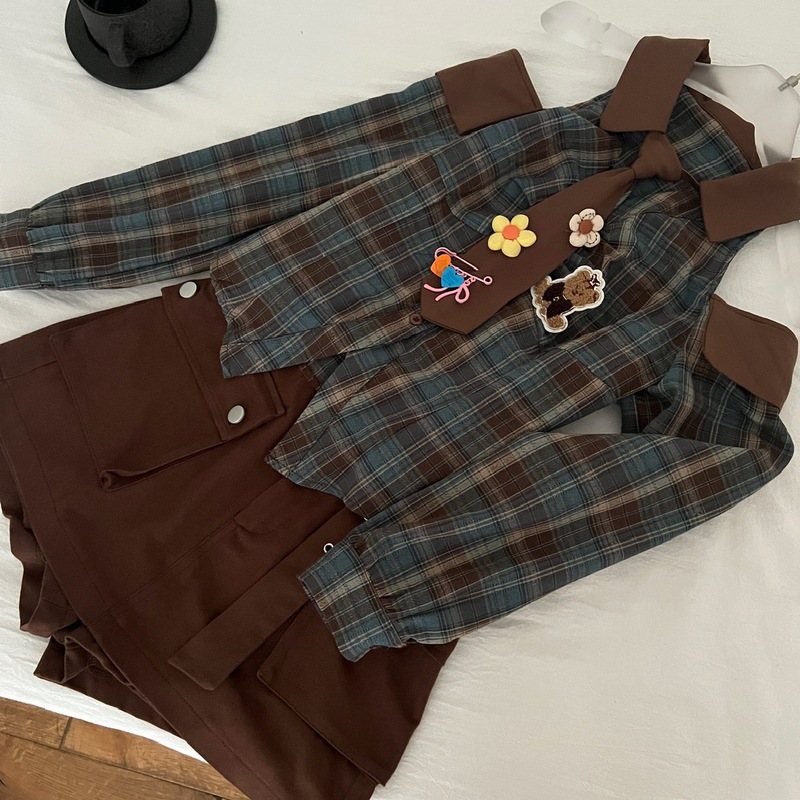 Q3789修身小个子甜酷风露肩格子衬衫女早秋复古格纹开衫学生潮流|undefined