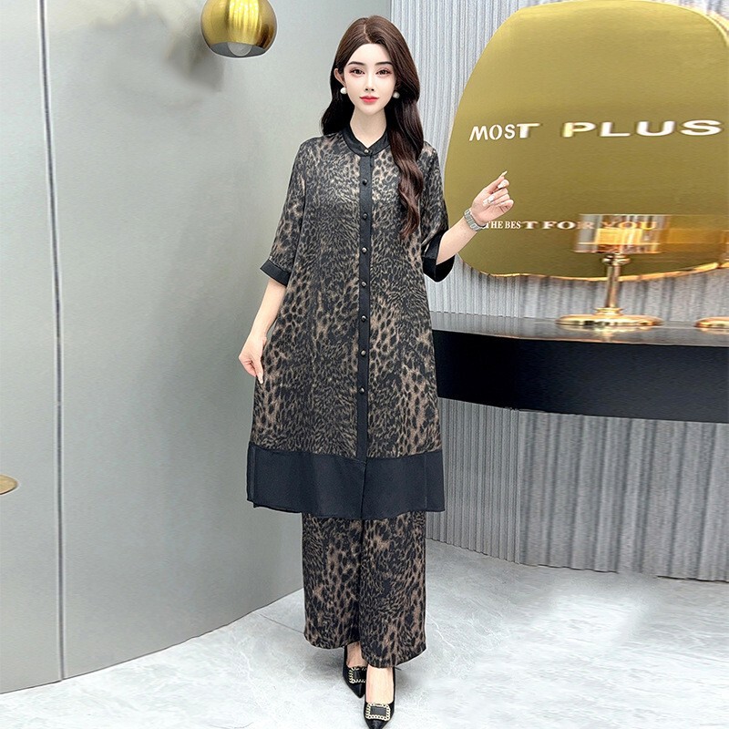 Retro Large Size Acetate Silk Printed Long Cardigan Top with Loose Wide-Leg Pants for Women, Two-Piece Set