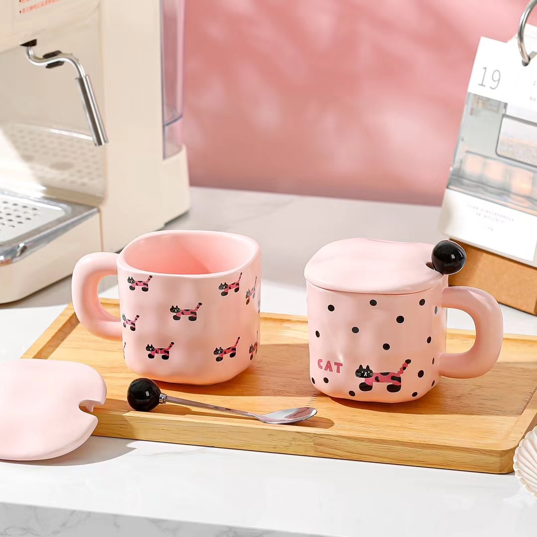 Creative personality pink cat mug ceramic coffee cup with lid spoon square water Cup cute girl heart Cup