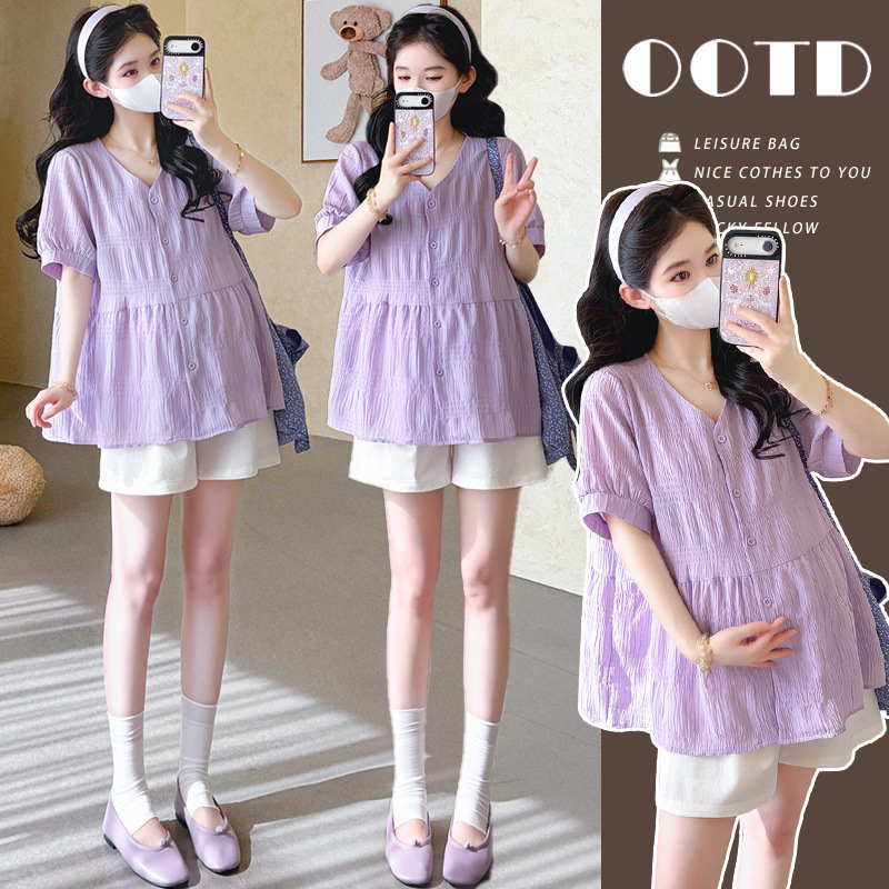Maternity Summer Tops Trendy Mom Fashion Set Summer French V-Neck Babydoll Shirt + Belly Support Shorts