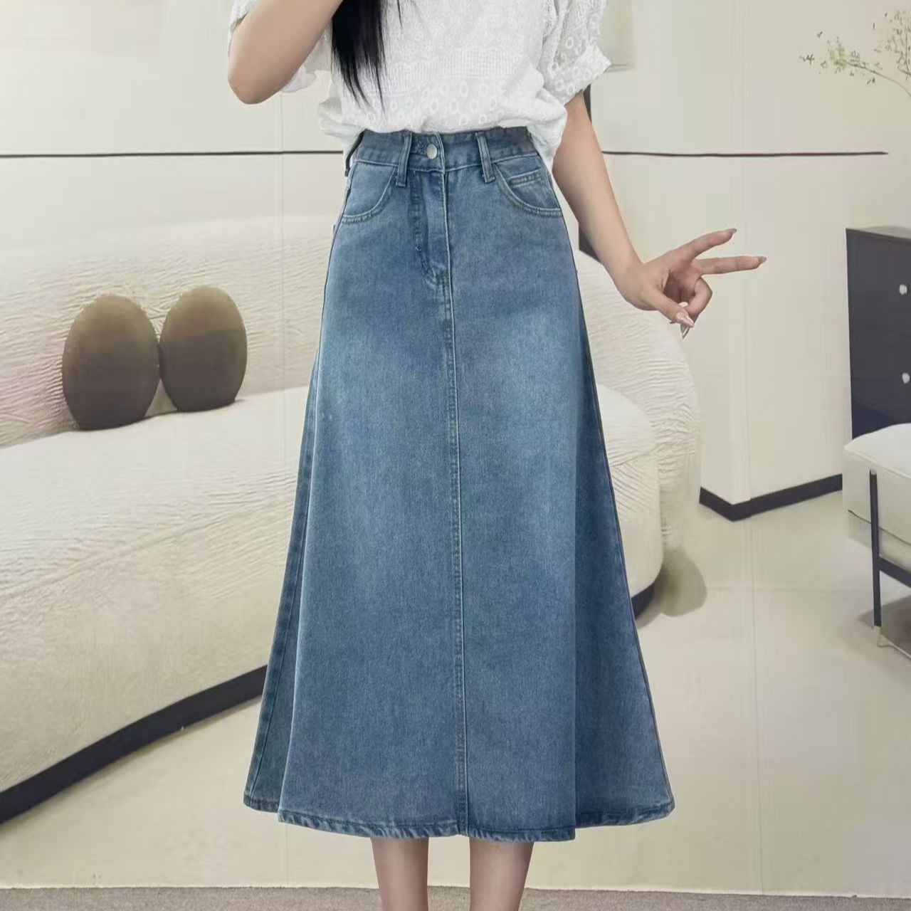 Denim Skirt Women's Slim High-Waist Fashion Summer New A-Line Skirt Mid-Length Retro Versatile Fishtail Skirt