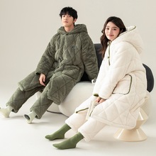 冬季三层夹棉情侣袍套睡衣套装开衫连帽加厚保暖可外穿棉袄家居服