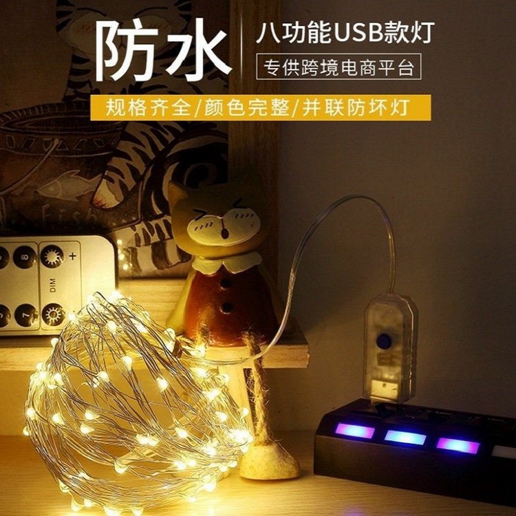 亚马逊热卖USB遥控8功能防水LED铜线灯串圣诞节日装饰铜丝灯彩灯
