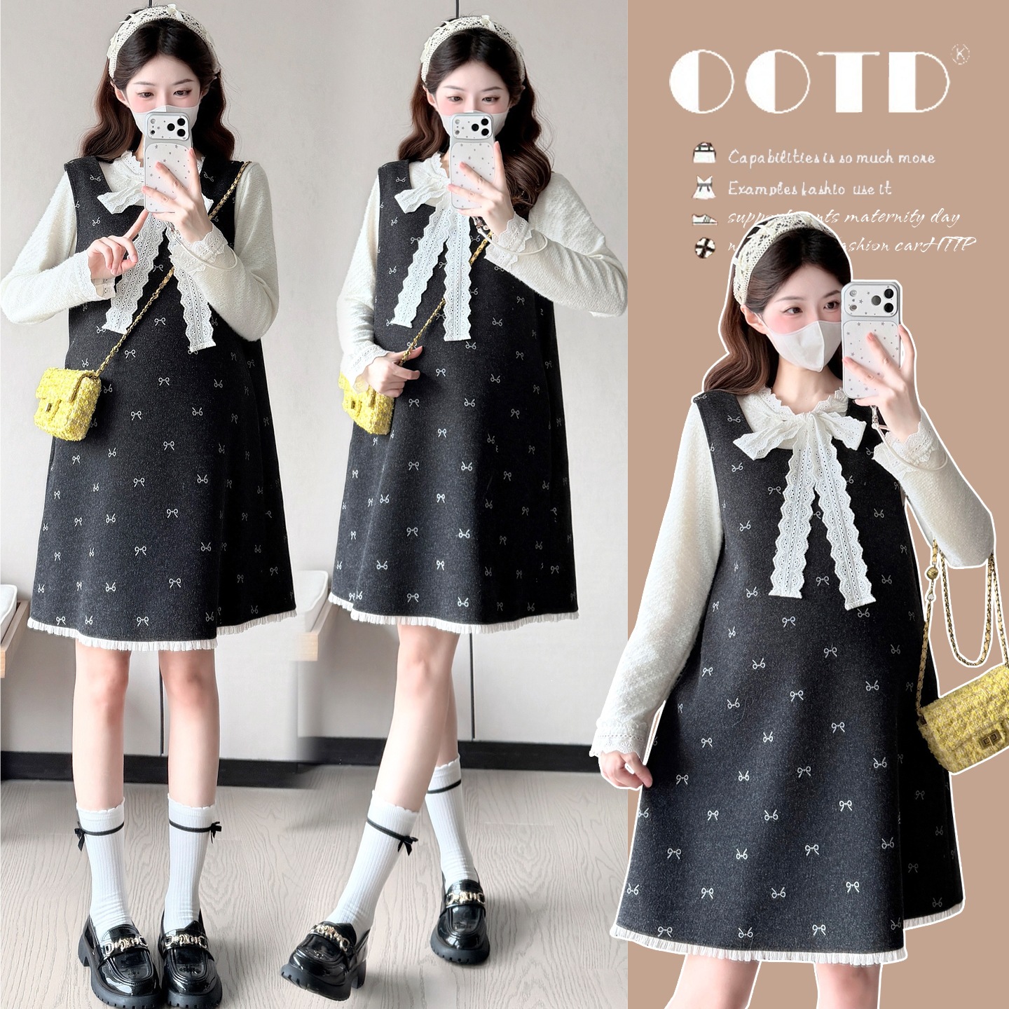 2026 Autumn/Winter New Collection: Maternity Bowknot Floral Print Age-Reducing Wool Vest Dress + Lace Base Layer Top