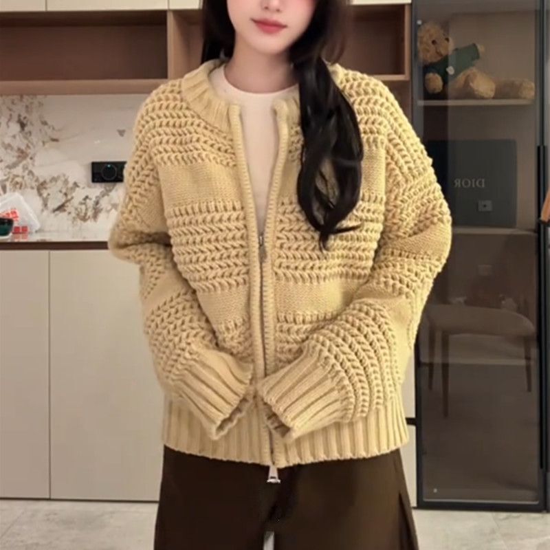 Retro Heavy-Duty Pineapple Needle Thick Knitted Sweater Jacket for Women 2025 Autumn and Winter New Thickeneded Warm Zipper Cardigan