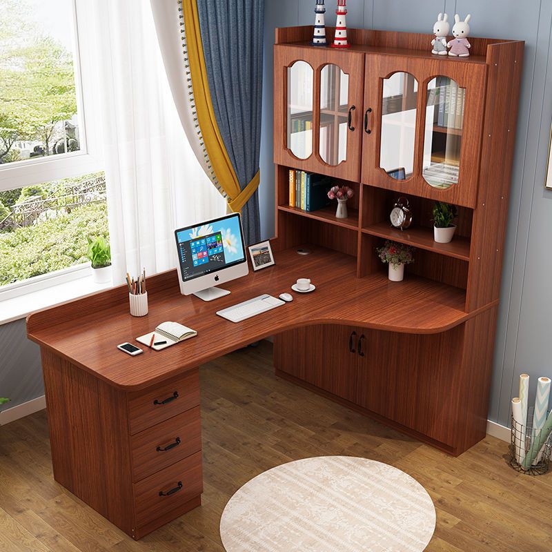 Solid Wood Desk and Bookshelf Combination Corner Computer Desk with Integrated Bookcase, Simple Bedroom Corner Study Writing Desk