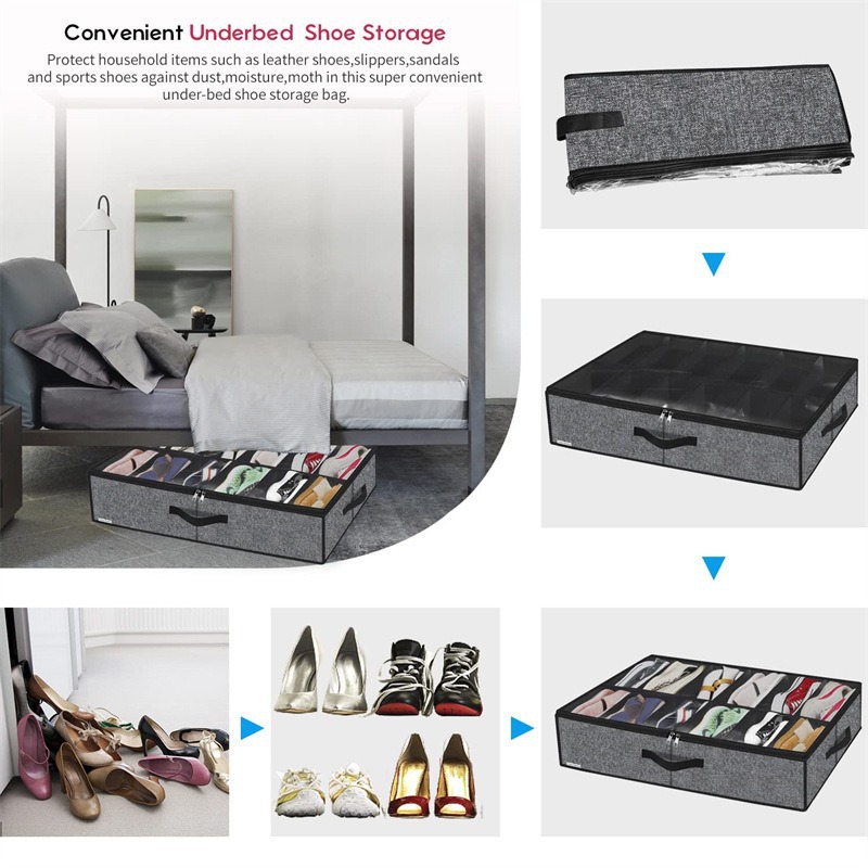 Non-Woven Fabric Shoe Storage Box, Foldable with Lid and Compartments, 75 × 60 × 15 cm | Under-Bed Organization
