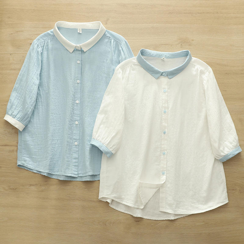 2026 Summer New Style Three-Quarter Sleeve Cotton Gauze Shirt for Women, Patchwork Loose Cardigan, College Style Mid-Sleeve Shirt Wholesale