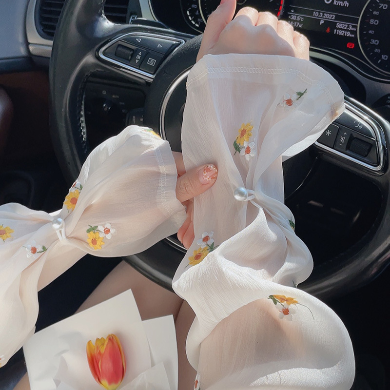 新款刺繡小花文藝防曬袖套女珍珠扣優雅氣質夏季騎行開車護袖
