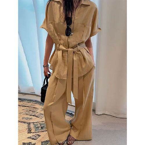 Women's European Leisure Fashion High-end Solid Color Set Summer 2025 New Loose Short Sleeve Shirt Wide Leg Pants Two-Piece Set