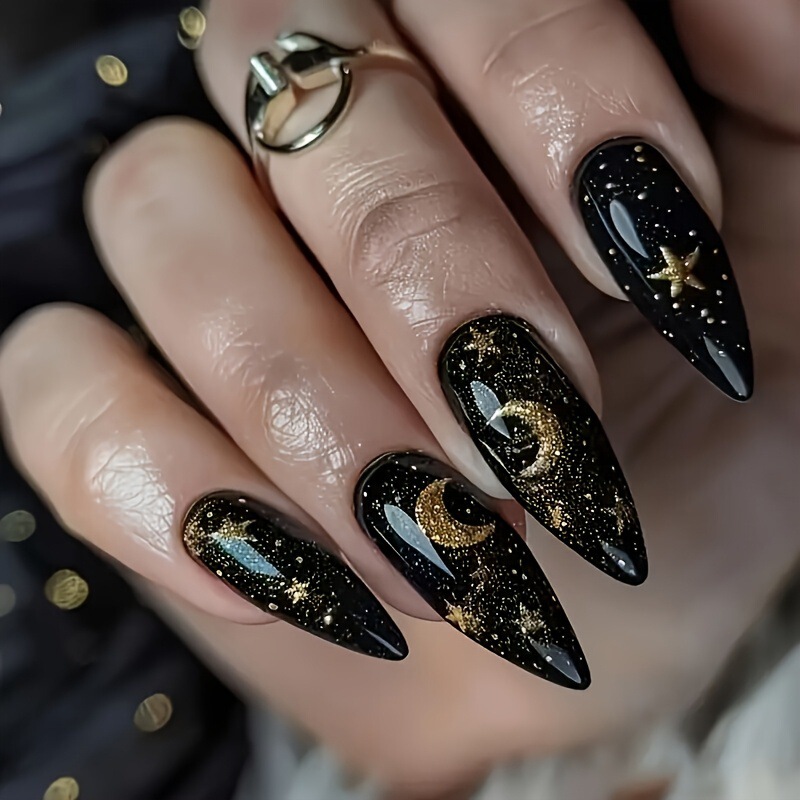 Elegant Almond Shape Patch Nails with Starry Sky and Crescent Moon Pattern - Glossy Black with Gold, Medium Length