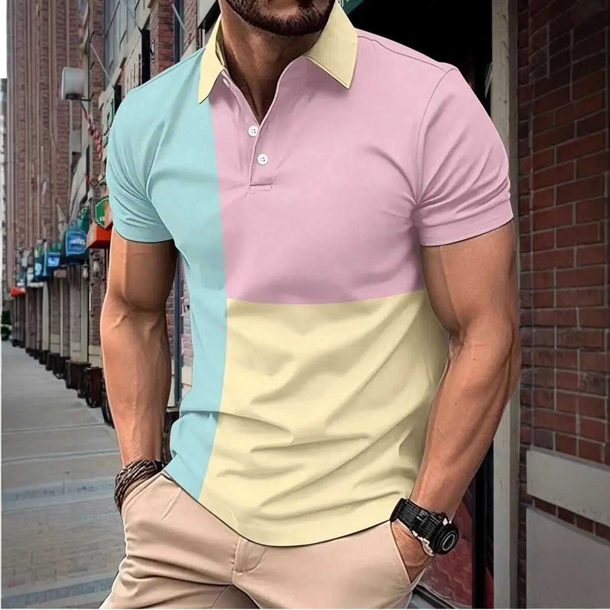 Summer New Men's Tops Color Block Printed Polo Shirt Fashion T-Shirt Men's Short-Sleeved T-Shirt Lapel Polo Shirt