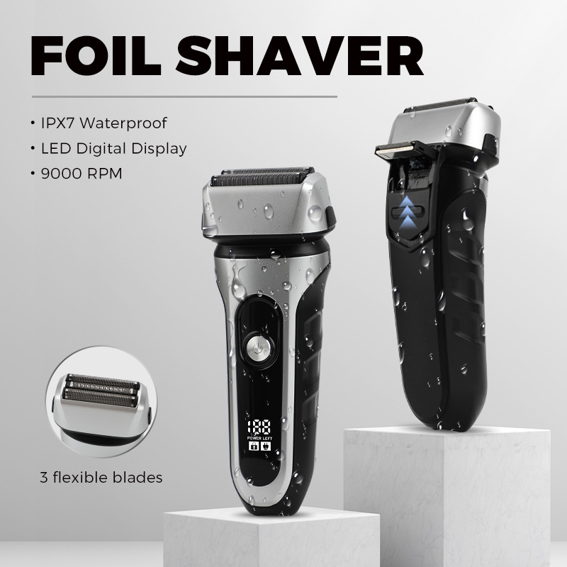 IPX7 waterproof reciprocating razor intelligent digital display electric razor 3 pieces floating aluminum foil mesh_voghion.com