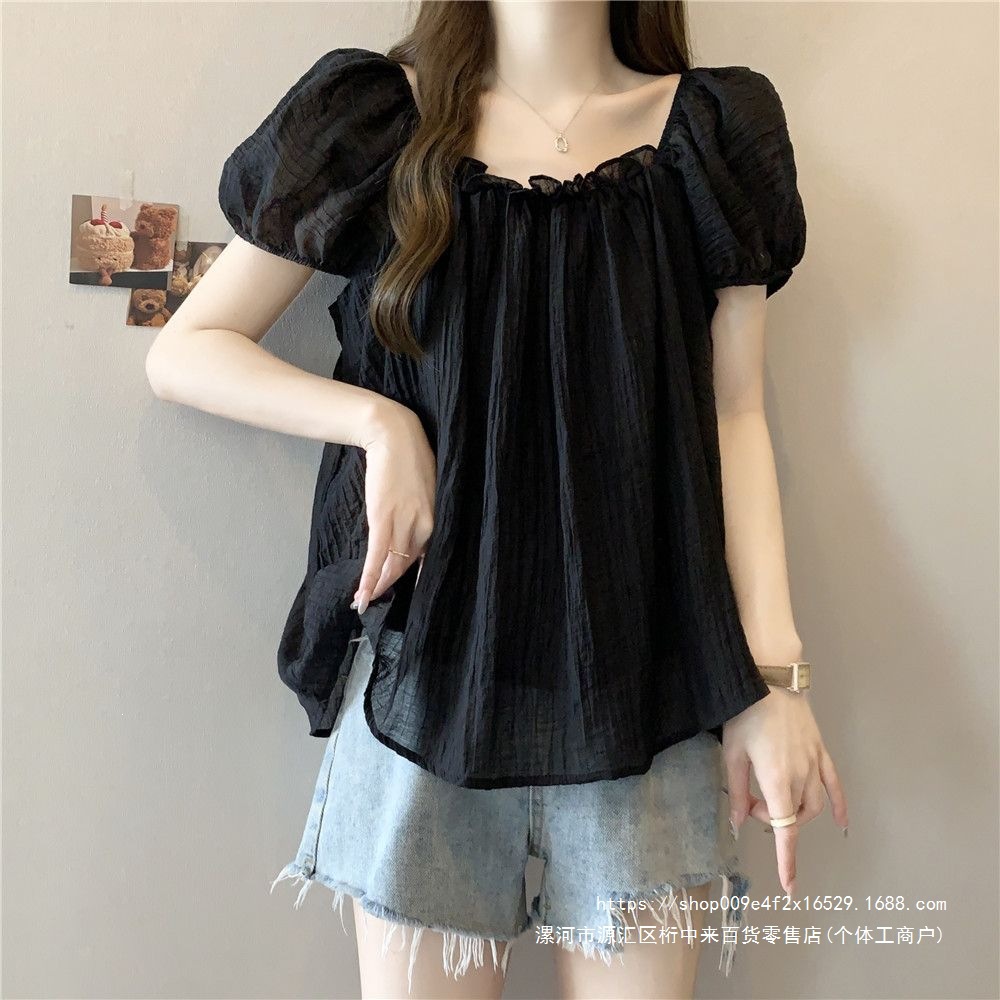 2026 Summer New Style Square Neck Loose Fit Lightweight Breathable Puff Sleeves Slimming Chiffon Blouse for Women