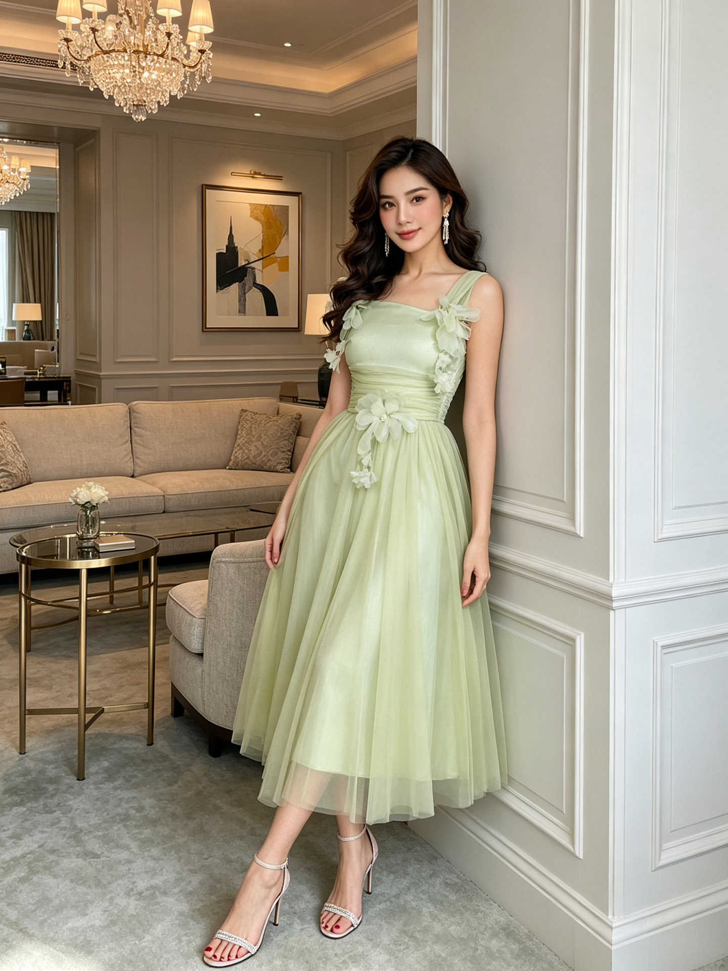 Đầm maxi nữ cổ vuông thắt eo hoa nổi lưới — xanh lá cây