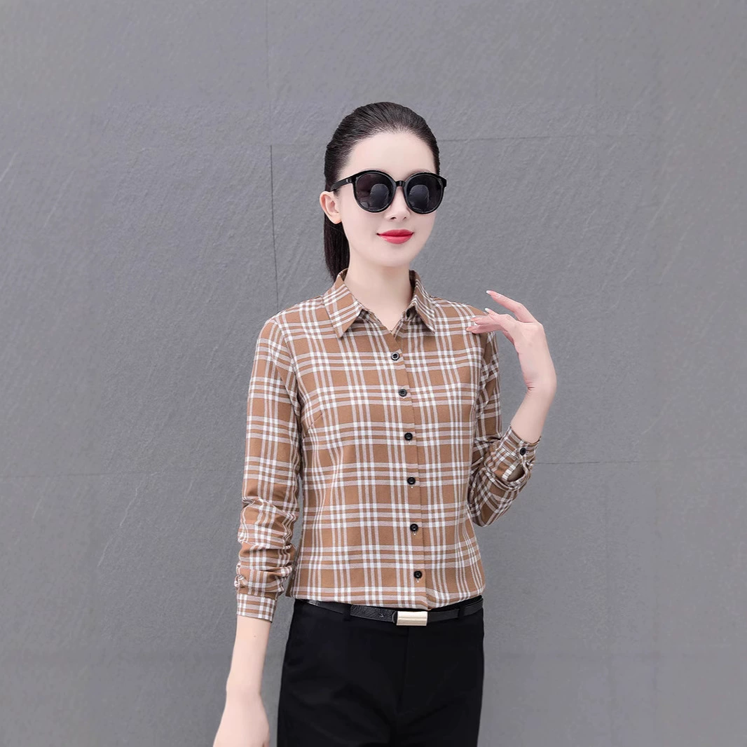 2025 новый стиль рубашка женская с длинным рукавом клетчатый топ для женщин среднего и пожилого возраста стройная хлопковая повседневная рубашка