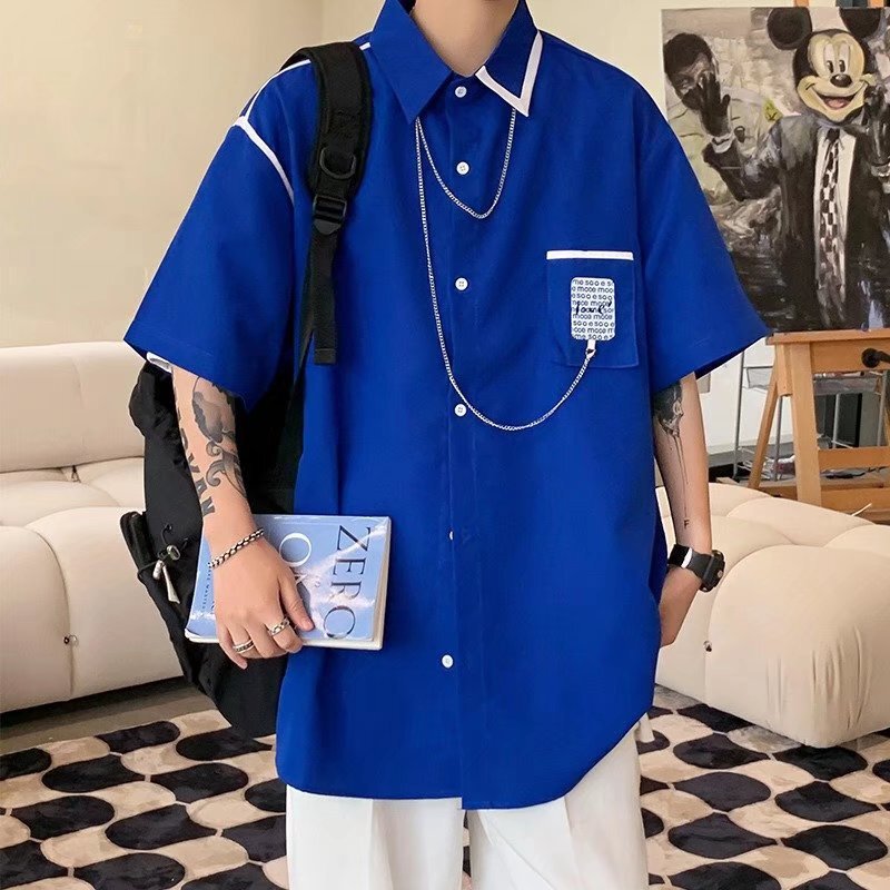 Design Niche Ins Hong Kong Style Contrasting Color Necklace Shirt Men's Summer Loose Japanese Style Retro Chic Short-Sleeved Shirt