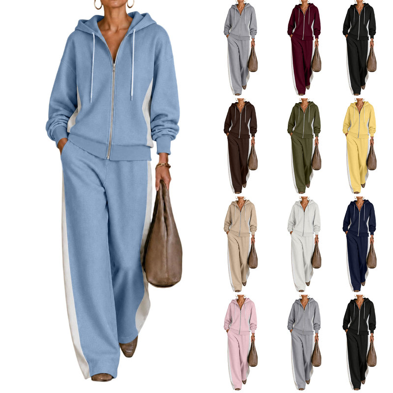 2026 cross-border European and American women's autumn and winter new collection: color-block hooded zip-up sweatshirt and wide-leg pants, a casual and sporty two-piece set