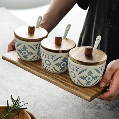 和风調味料缶3点セット木のスプーン付きレリーフ丸型調味料箱クリエイティブ陶磁器調味料缶調味料箱