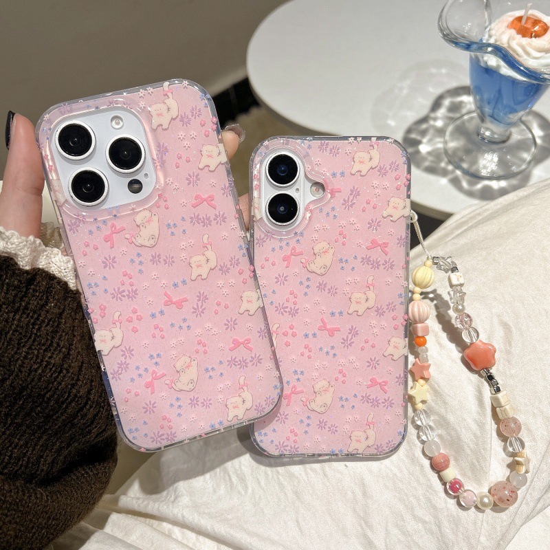 Divertido gato con lazo rosa de dibujos animados para Apple 16proMax funda para teléfono móvil 15Pro floral 14/13 mujer