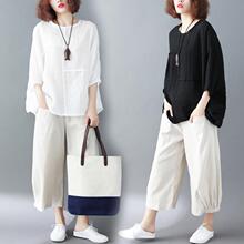 大码女装胖夏季纯色拼接宽松棉麻裤休闲白色蝙蝠衫上衣潮