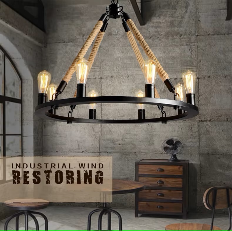 Estilo industrial retro creativo personalidad candelabro de cordón de cáñamo tienda de ropa de peluquería en línea café bar restaurante lámparas de hierro forjado lujo ligero