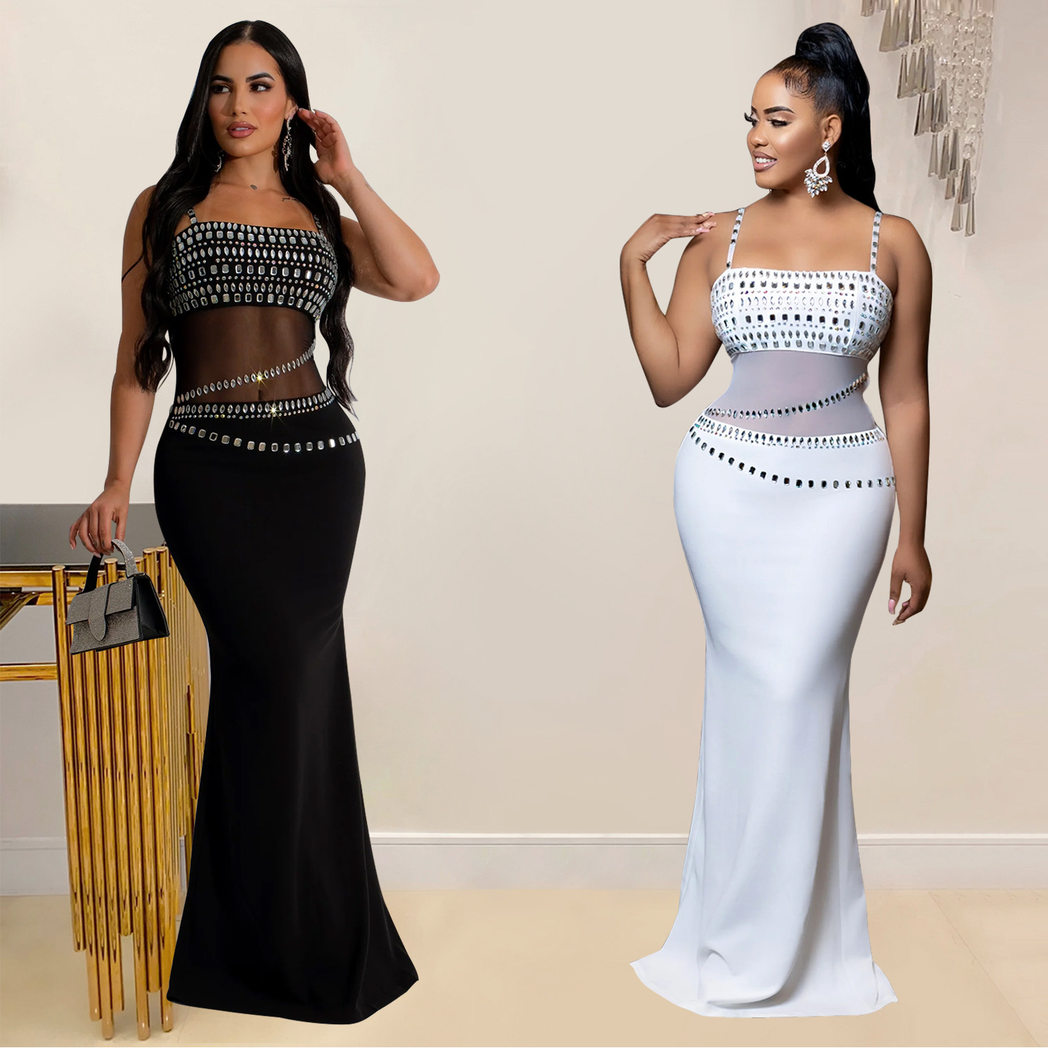 C6989 Aliexpress transfronterizo Amazon estación independiente de moda europea y americana ropa de mujer de malla de diamante caliente vestido vestido largo nuevo