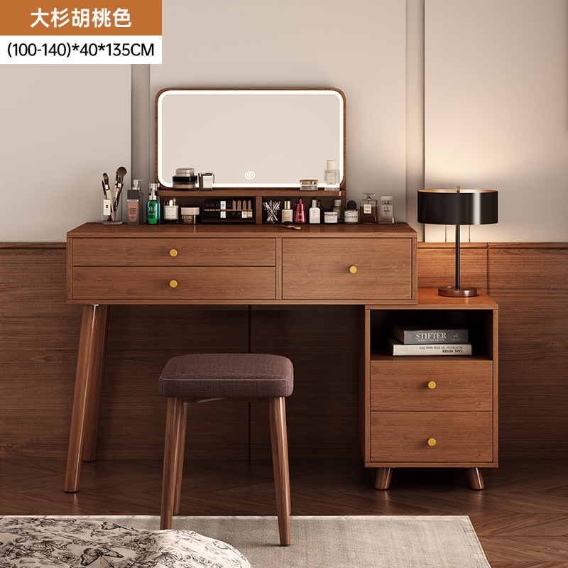 [서랍 3개 + 서랍 2개 측면 캐비닛 + LED 거울] 100-140cm 월넛 컬러 + 소프트 스툴